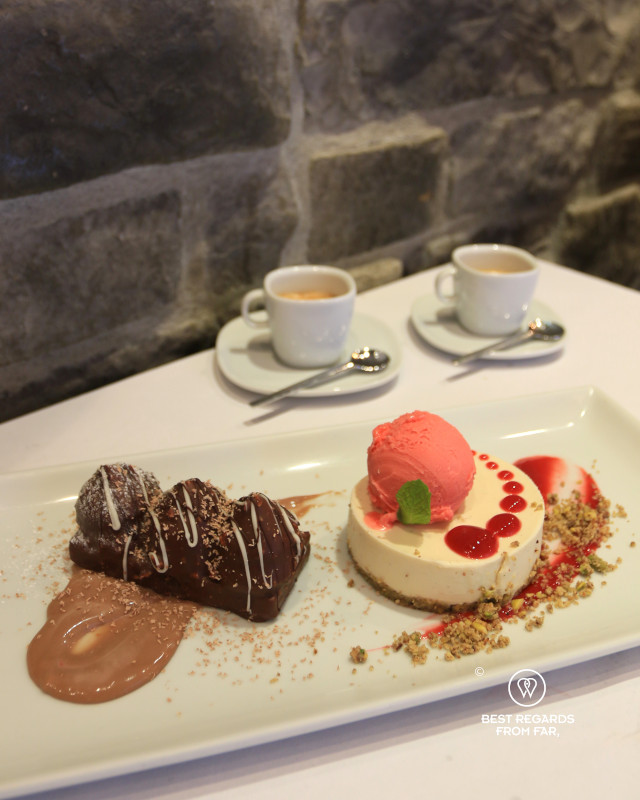 The Bello chocolate cake and a panna cotta at Il Bello restaurant in Old Quebec.