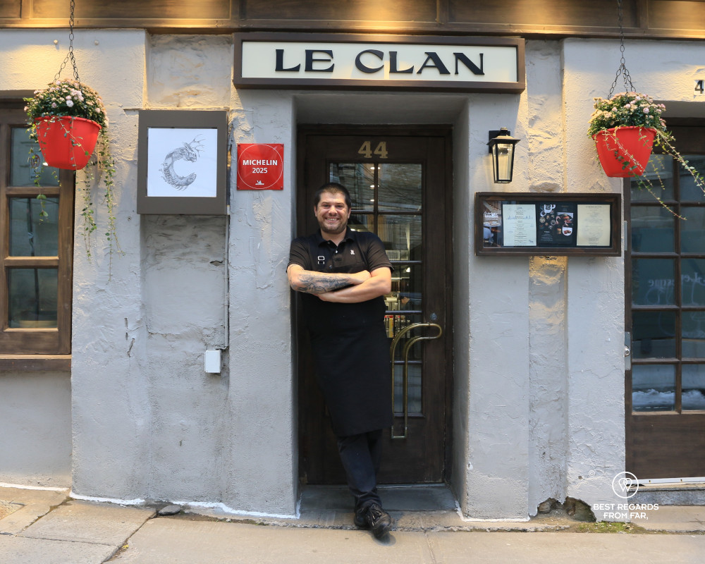 Chef Stéphane Modat in front of his restaurant Le Clan in Old Quebec.