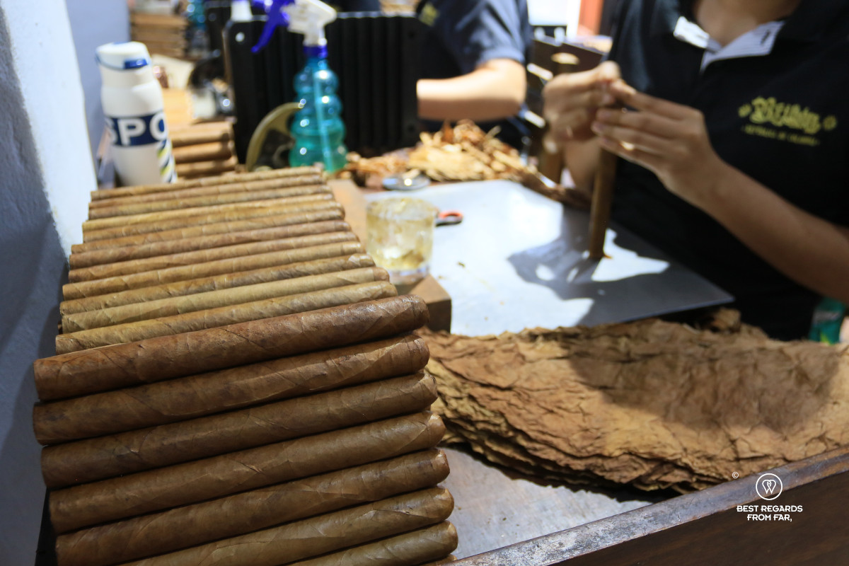 Hands of a woman working on the wrapper of a cigar at the Bribon Cigar workshop in Barichara.