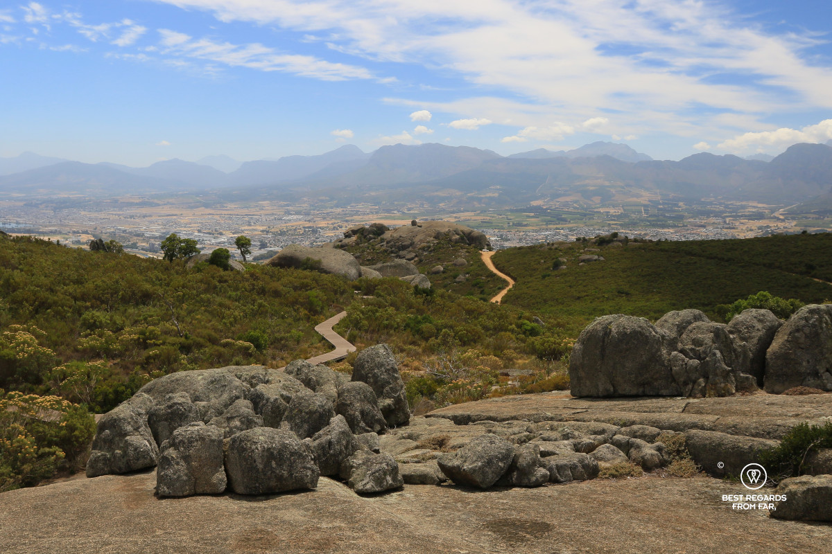 Hiking trail leading the eye to a view on Paarl from the foot of Bretagne Rock.