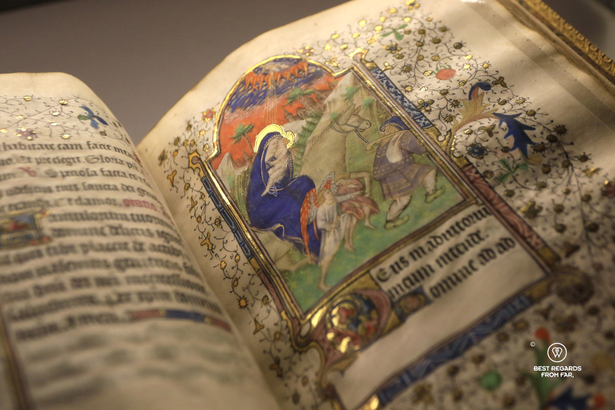 Close up of the Exodus to Egypt in the book of hours of the Parisian masters (1415), Castle of Chantilly.