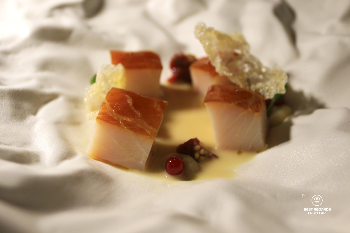 Yellow sturgeon cubes at Le Clan in Quebec City.