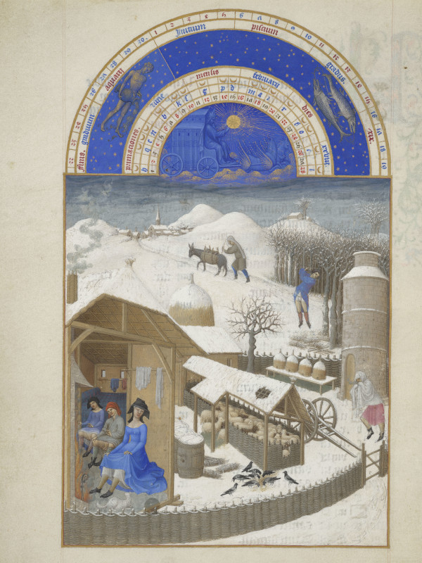 February in the calendar of The Très Riches Heures du Duc de Berry (1411-1486) with peasants in the snow © RMN-Grand Palais - Domaine de Chantilly - Michel Urtado.
