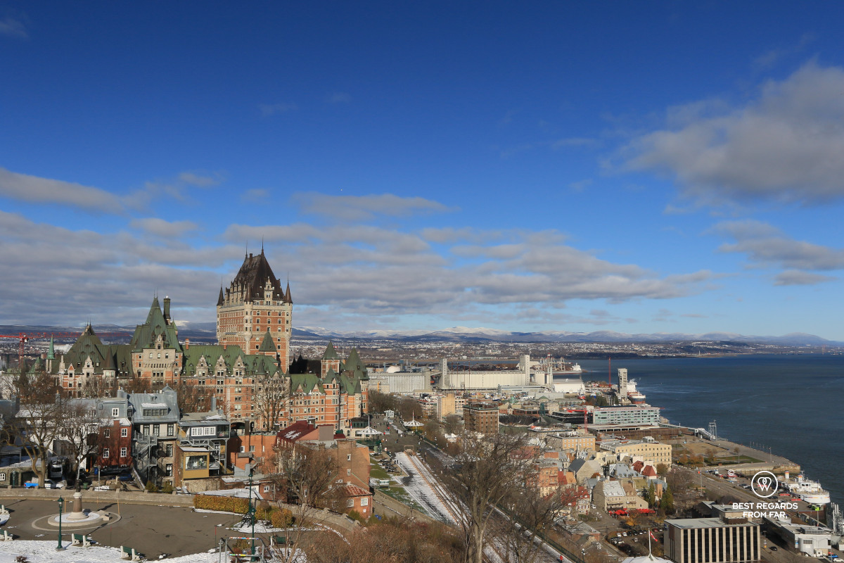 Frontenac castle and the Saint Lawrence River in Quebec City.