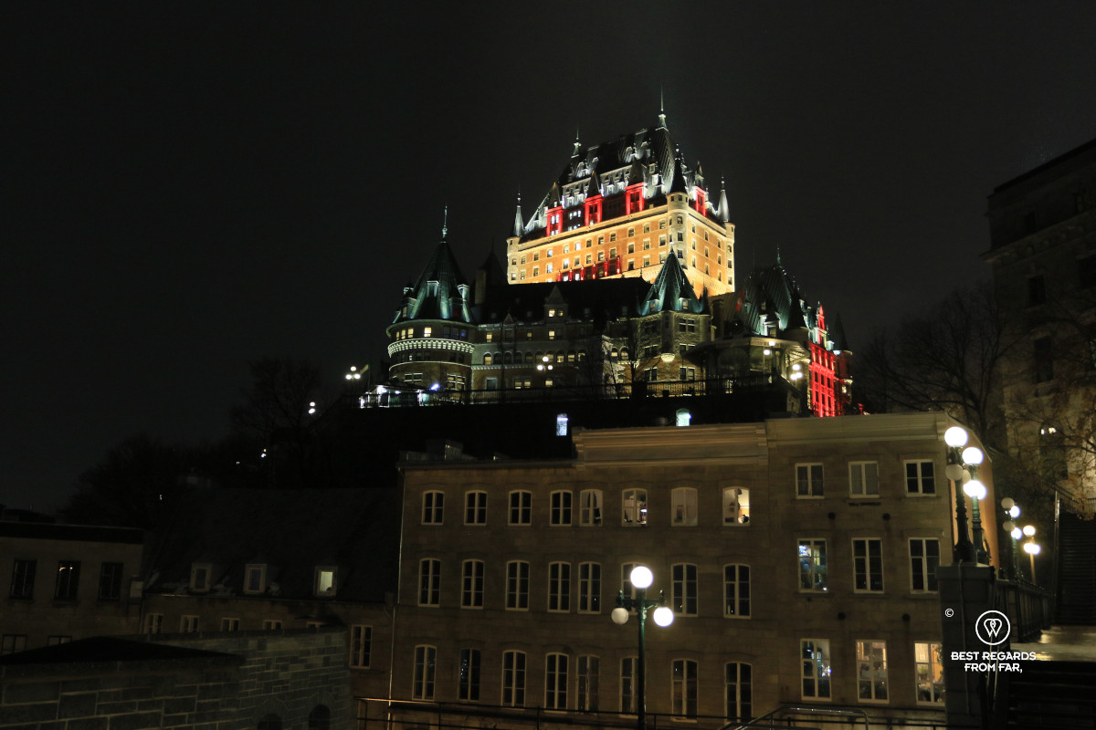 Frontenac castle by night in Quebec City.