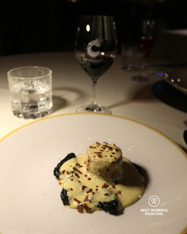 Guinea fowl with foam of foie gras and morels in maple syrup, Le Clan, Quebec City.