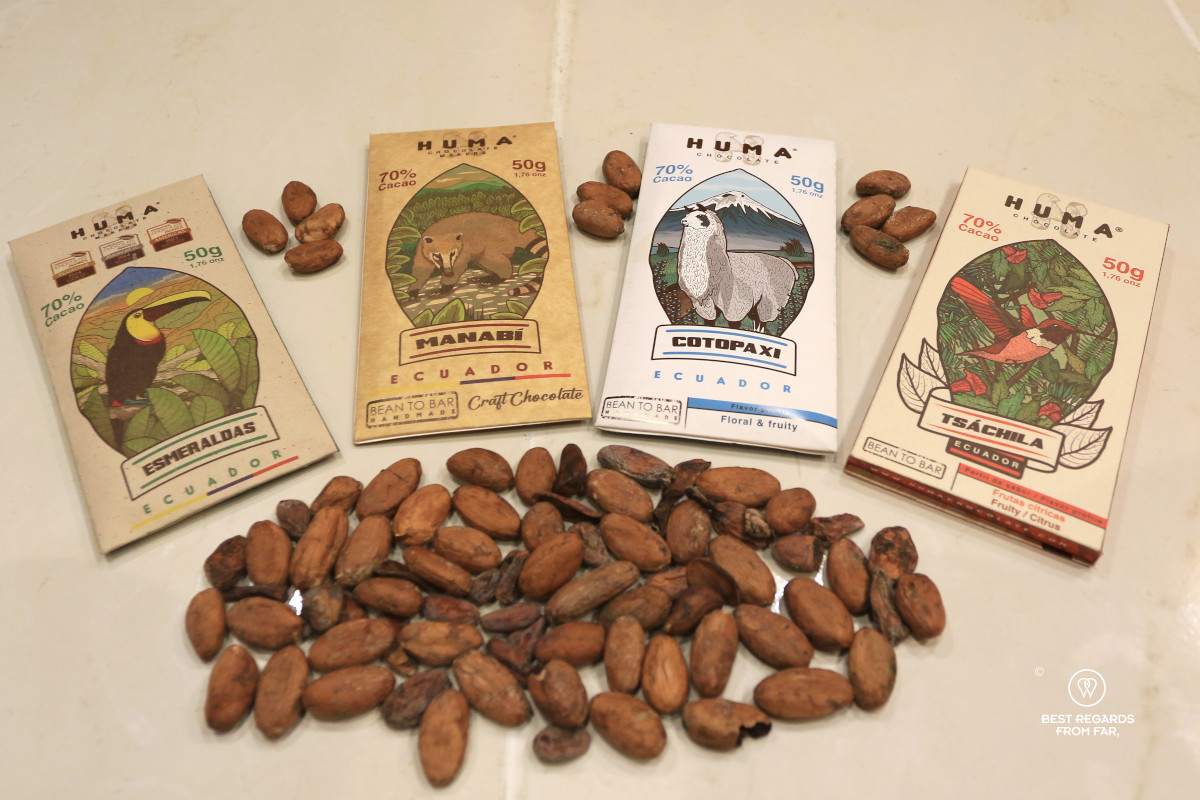 Sample of various chocolate bars by Huma Chocolate in Quito.
