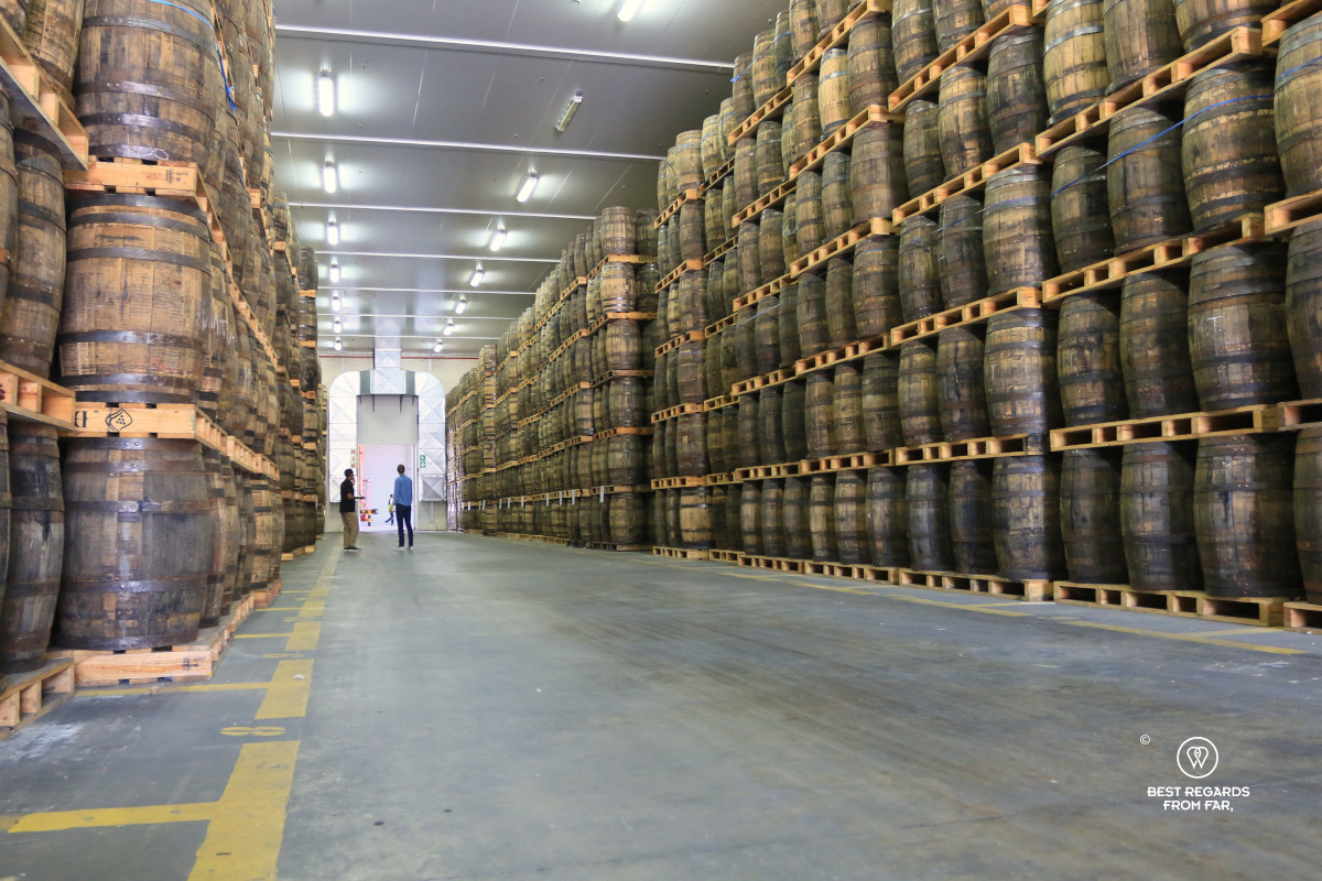 American oak barrels piled up in a warehouse at the James Sedgwick Distillery in Wellington in South Africa.