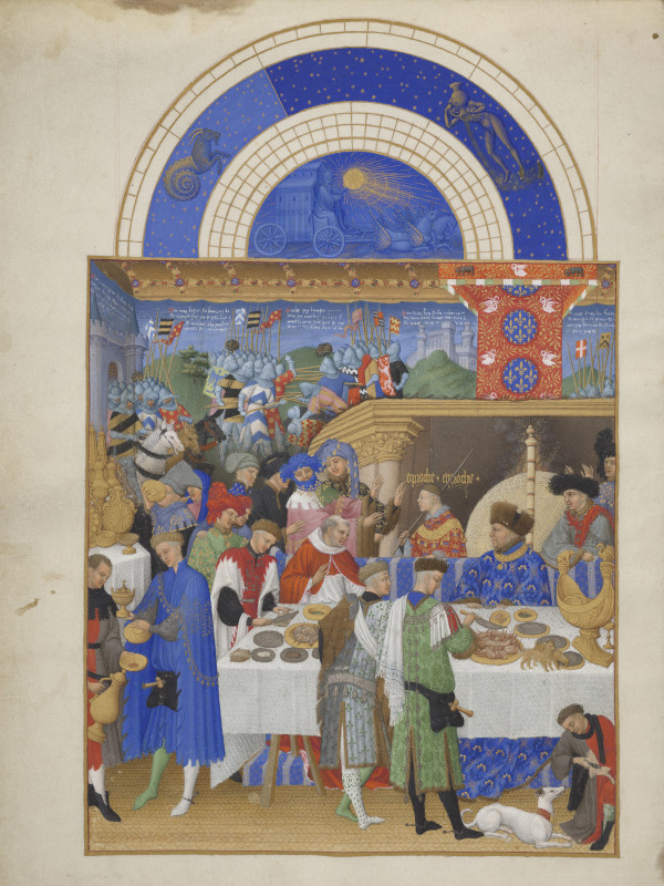 January in the calendar of The Très Riches Heures du Duc de Berry (1411-1486) where the duke, seated in blue hosts a feast © RMN-Grand Palais - Domaine de Chantilly - Michel Urtado.