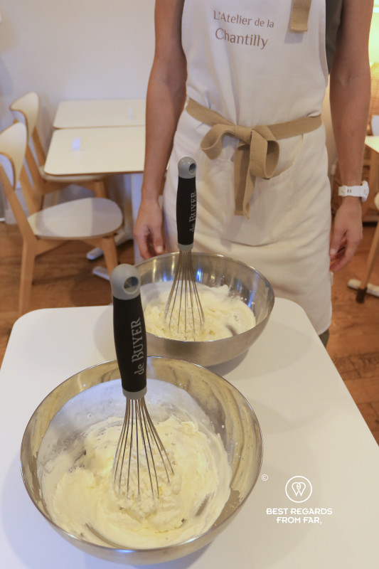 A perfect Chantilly whipped cream with the whisk holding veritcal in the cream, L'Atelier de la Chantilly.