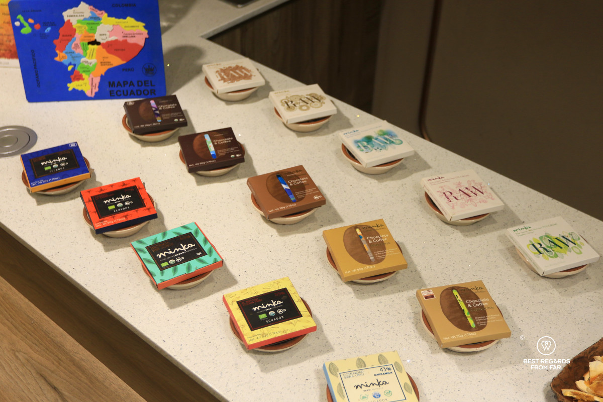 Sample of various chocolate bars by Minka in Quito.