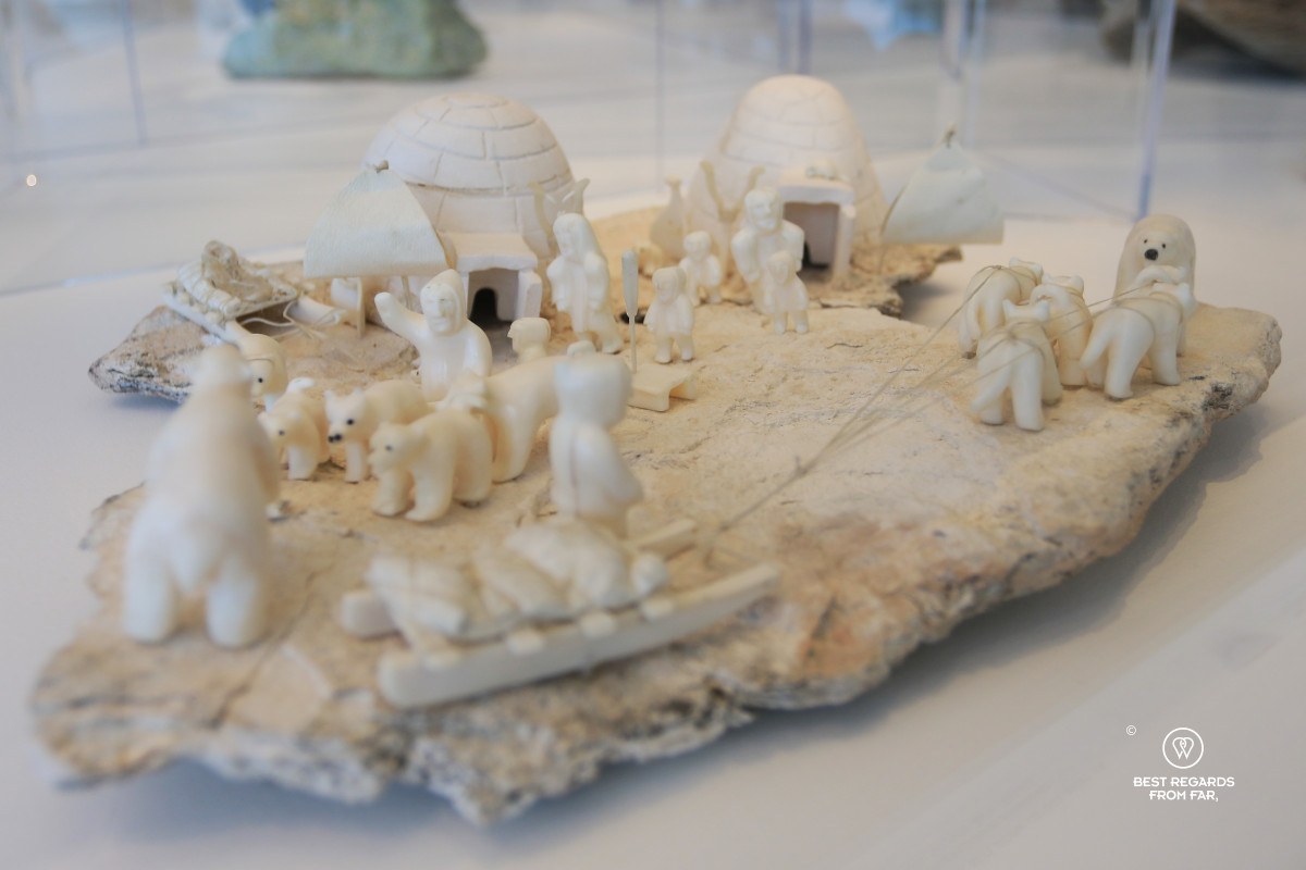 Igloo and Bear hunting by Emily Pangnerk Illuitok (limestone, ivory, skin, sinew, caribou antlers, ink) at the Musée des Beaux Arts in Quebec City.