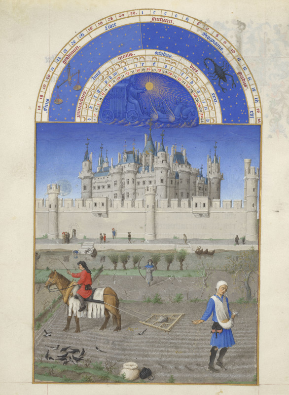 Octobre in the calendar of The Très Riches Heures du Duc de Berry (1411-1486) in front of the fortress of the Louvre © RMN-Grand Palais - Domaine de Chantilly - Michel Urtado.