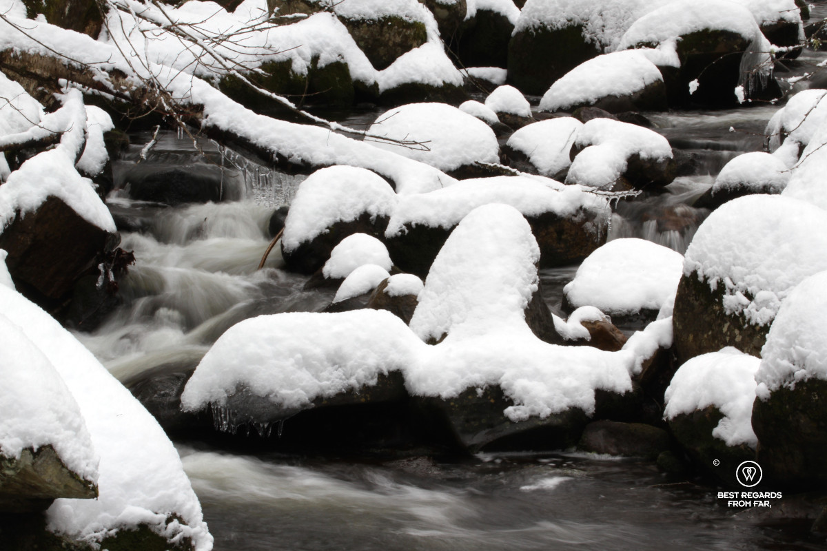 A stream with stones covered in snow in the Jacques Cartier NP in Quebec.