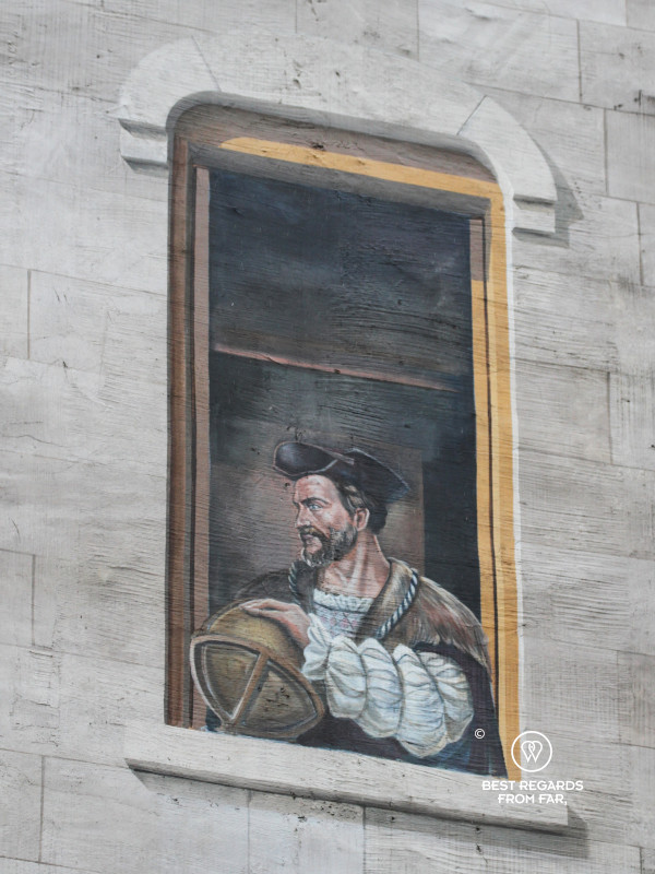 Explorer Jacques Cartier with a globe on the who's who mural of Quebec City.