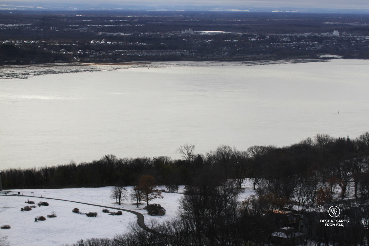 The Plains of Abraham in the snow and hte Saint Lawrence River.