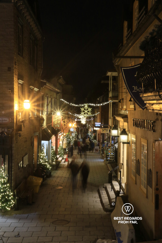 Rue du Petit Champlain by night in the winter in Quebec City.