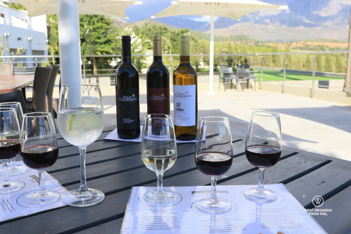 3 bottles of wine and glasses arranged for a wine tasting at Val du Charron in Wellington.