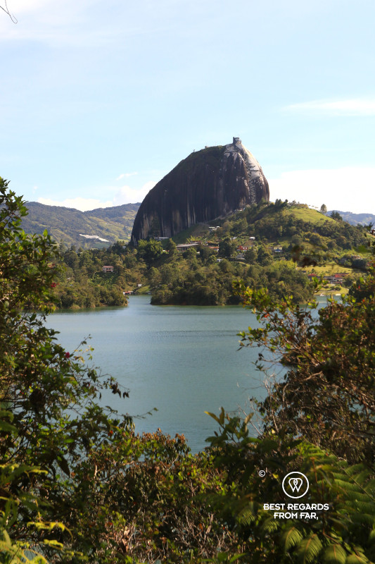 Piedra del Peñol rising from Lake Guatape in Colombia.
