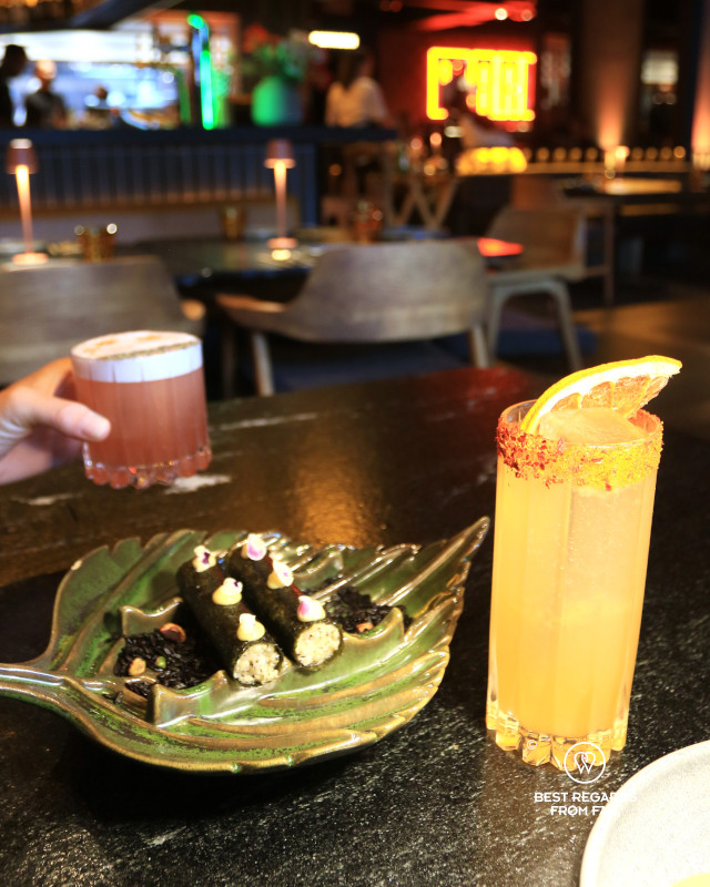 Two cocktails and gimbap at Maru in Cape Town.