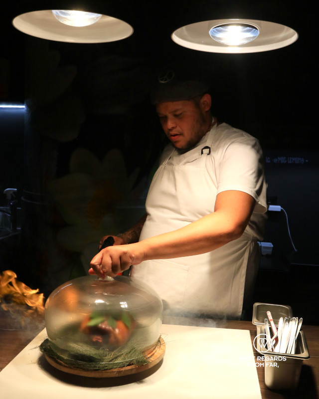 Chef Ismail Amos flaming the duck at The Wiggle Room in Cape Town.
