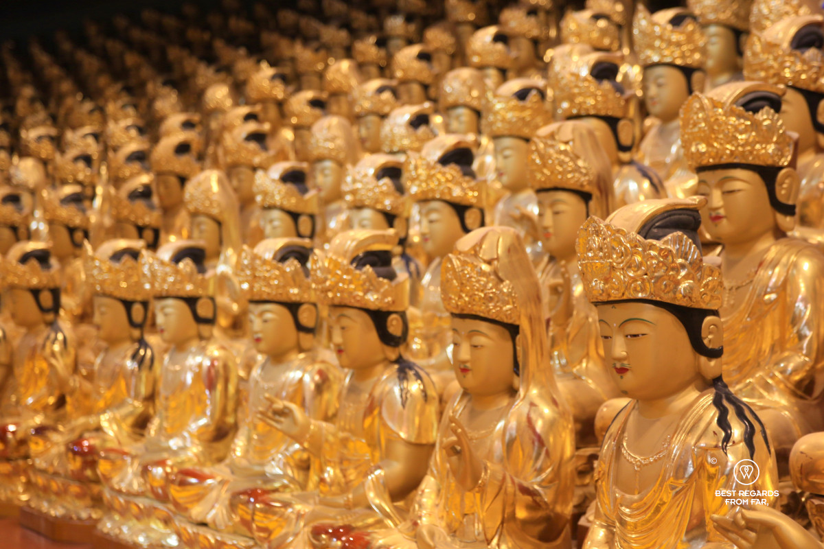 Countless golden statues in the Prayer Hall of the Naksansa temple in South Korea.