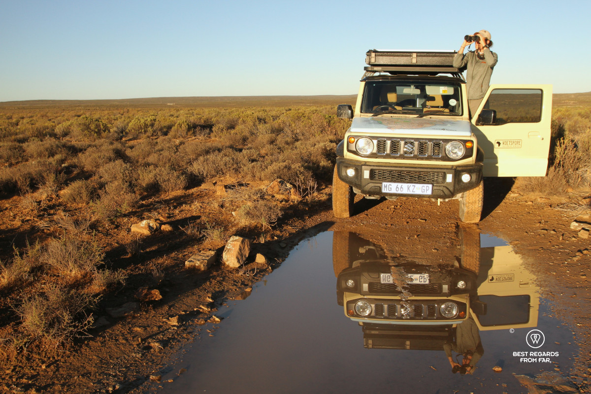 Woman leaning out of her Suzuki Jimny to observe nature with the reflections of the car in a puddle.