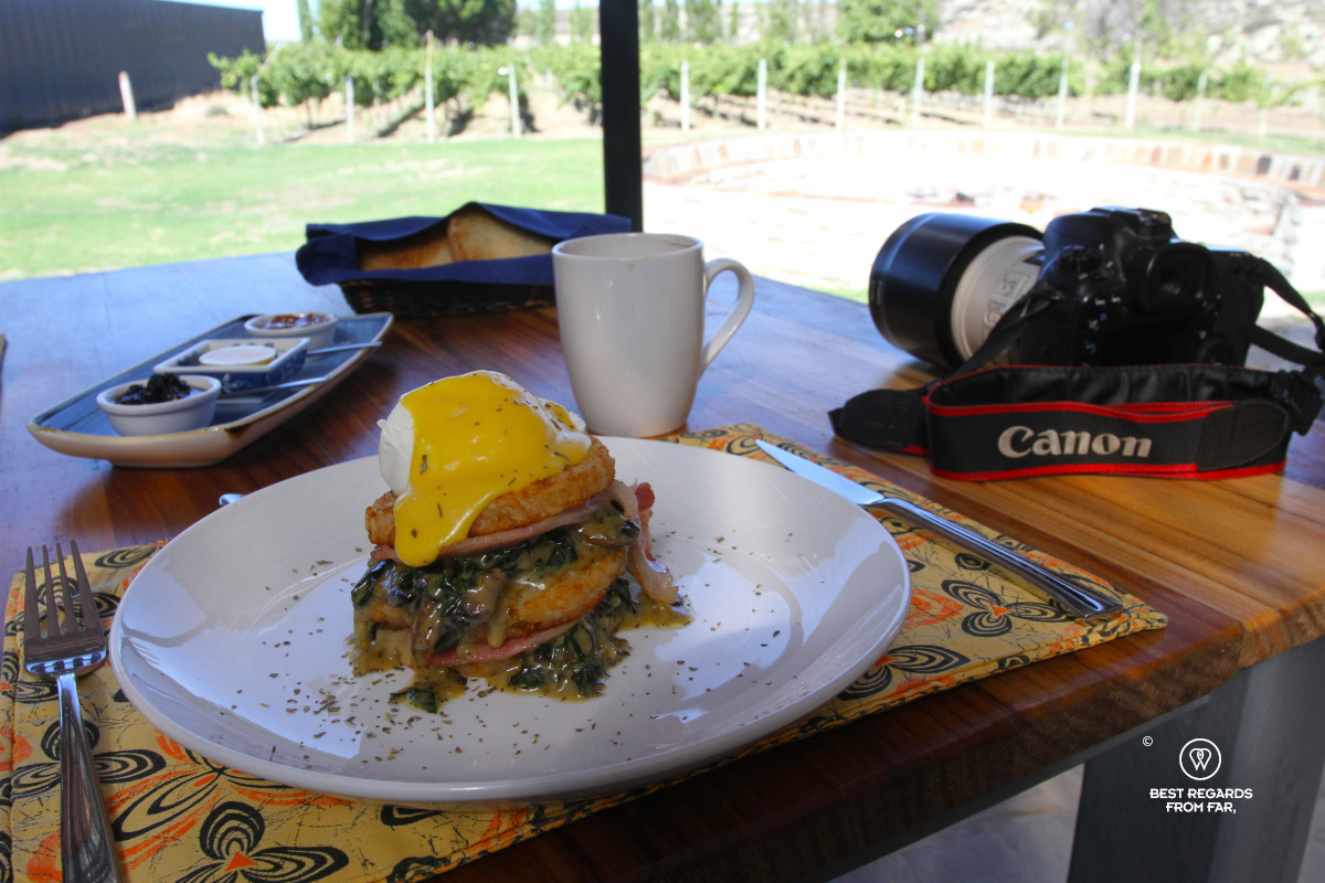 Breakfast at Rogge Cloof with a reflex camera for wildlife on the table and vineyards in the background.