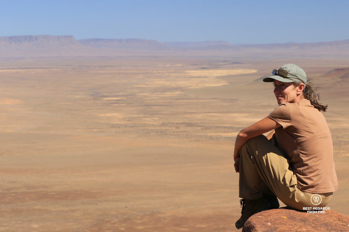 Cofounder Claire Lessiau taking in the view over the Tankwa Karoo after driving the Jimny over a tricky 4x4 track.