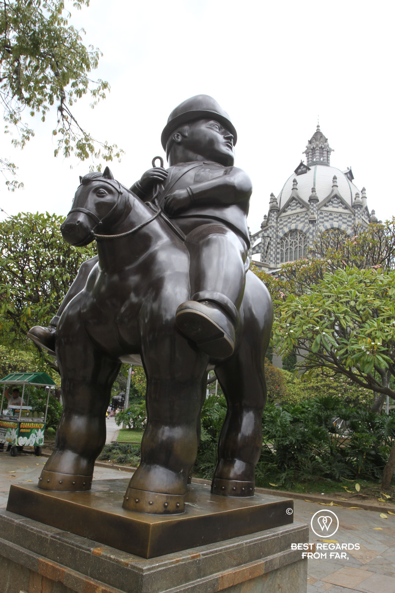 Man on a horse by Botero in Medellin.