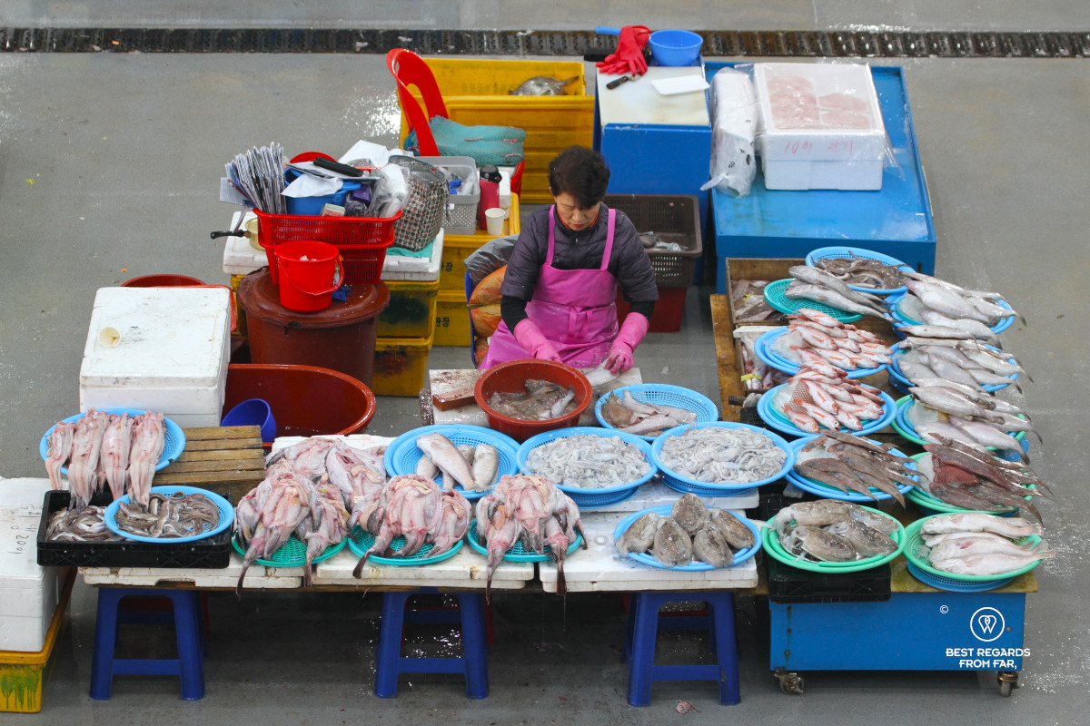 Woman cleaning fish on the Busan Jagalchi market in South Korea.