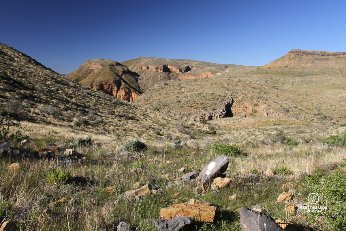 Green plain with a canyon in the background under blue skies.