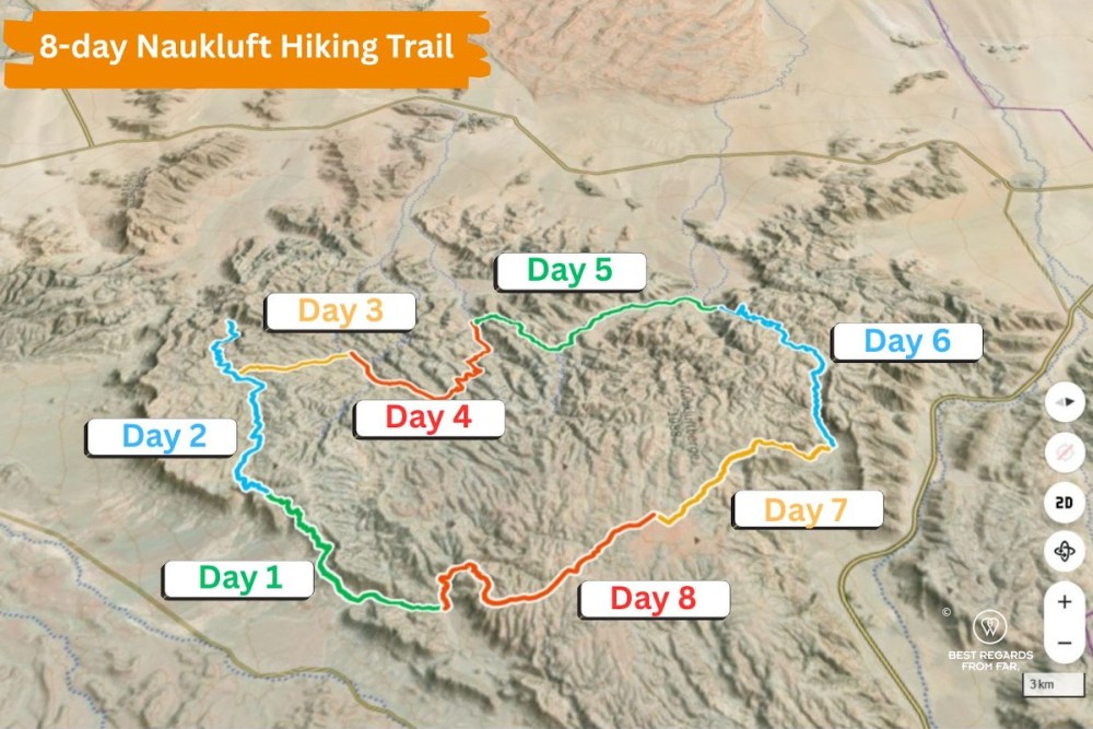 The 3D map of the complete 8-day Naukluft trail in Namibia.