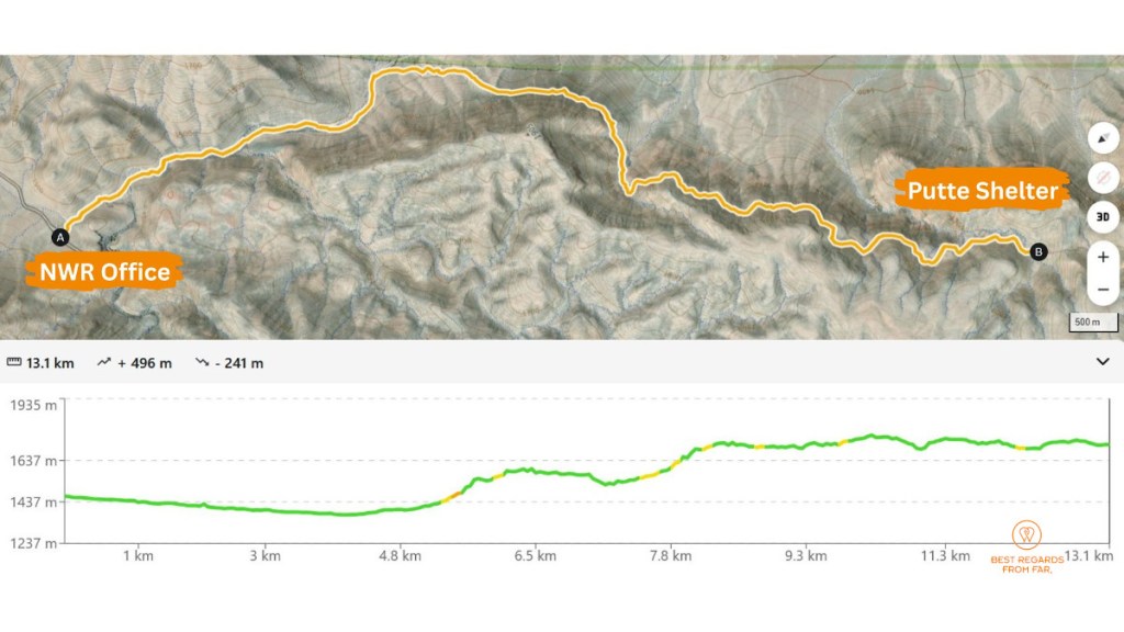 Map and elevation graph of the 8-day Naukluft Hiking Trail day 1