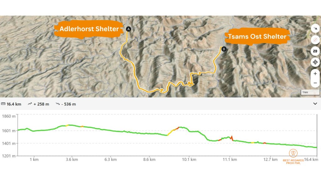 Map and elevation graph of the 8-day Naukluft Hiking Trail day 4.