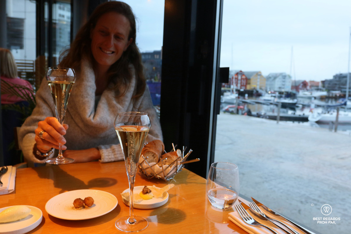Champagne at Fiskekompaniet restaurant in Tromso.