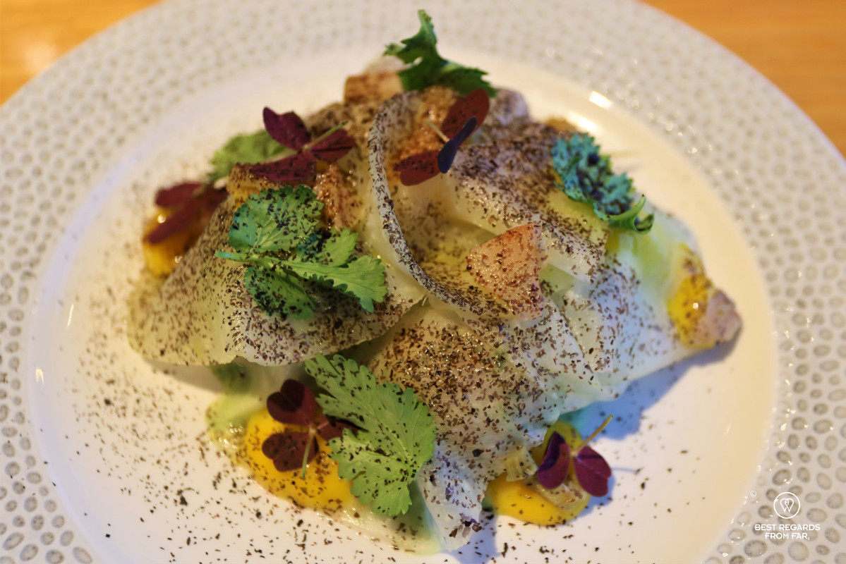 Local potatoes with harissa mint at Fiskekompaniet in Tromso.