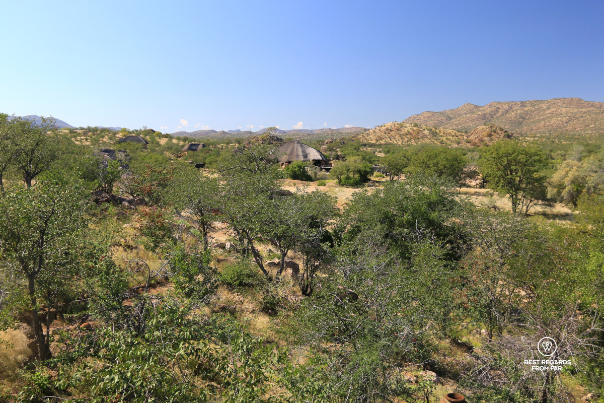 Lodge with thatched roofs blending into the landscape.