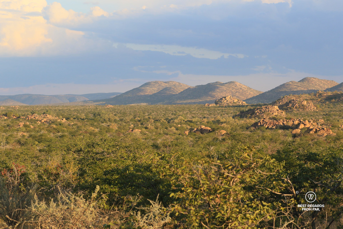 Green landscape and mountains of Damaraland, Namibia.