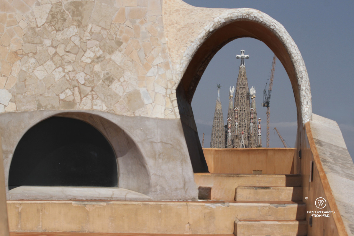 La Sagrada Familia seen from the rooftop of La Pedrera in Barcelona.