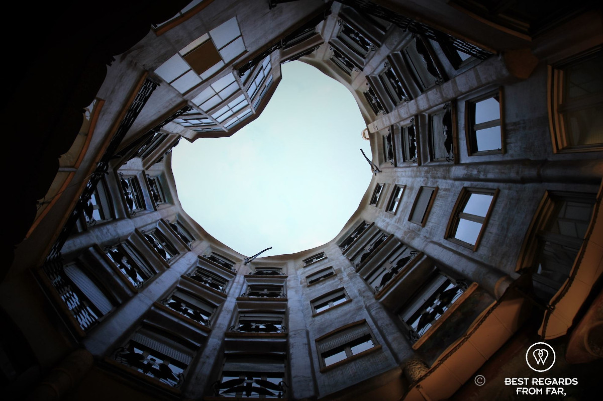 Looking up in the interior patio at La Pedrera in Barcelona.