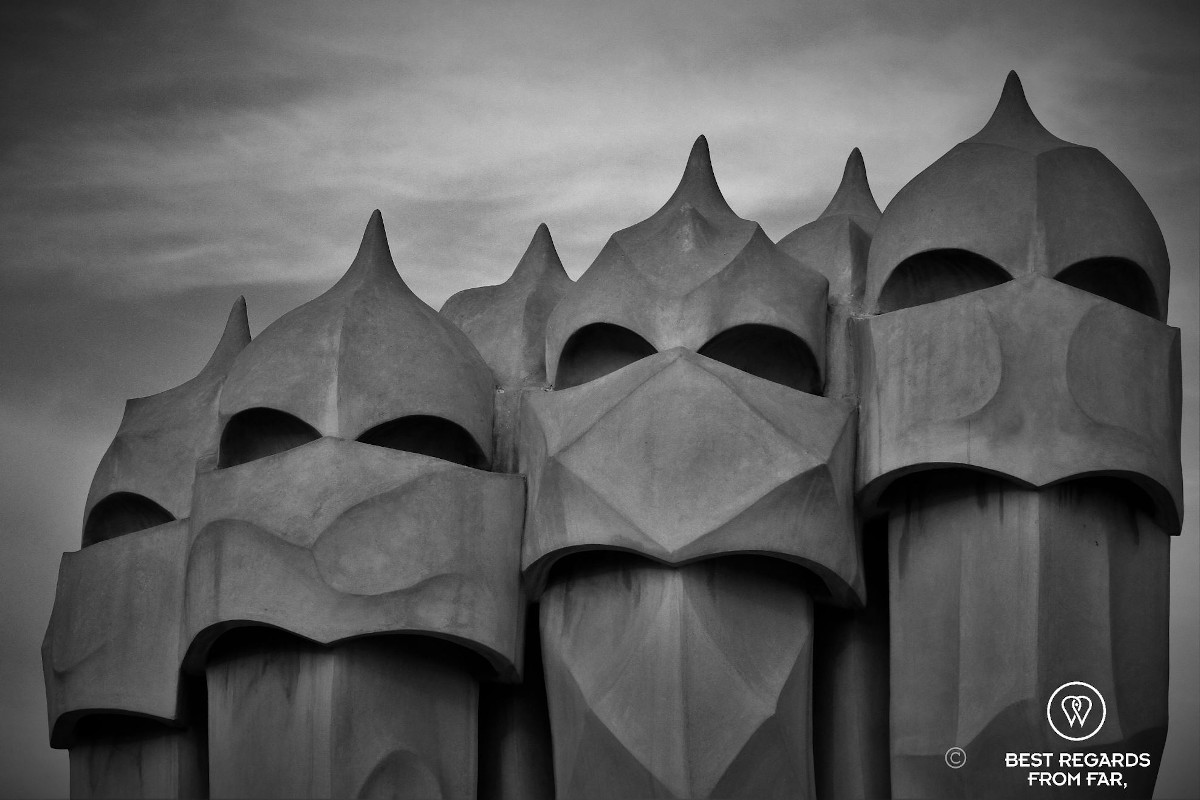 Storm-trooper chimneys on the rooftop of La Pedrera in Barcelona.