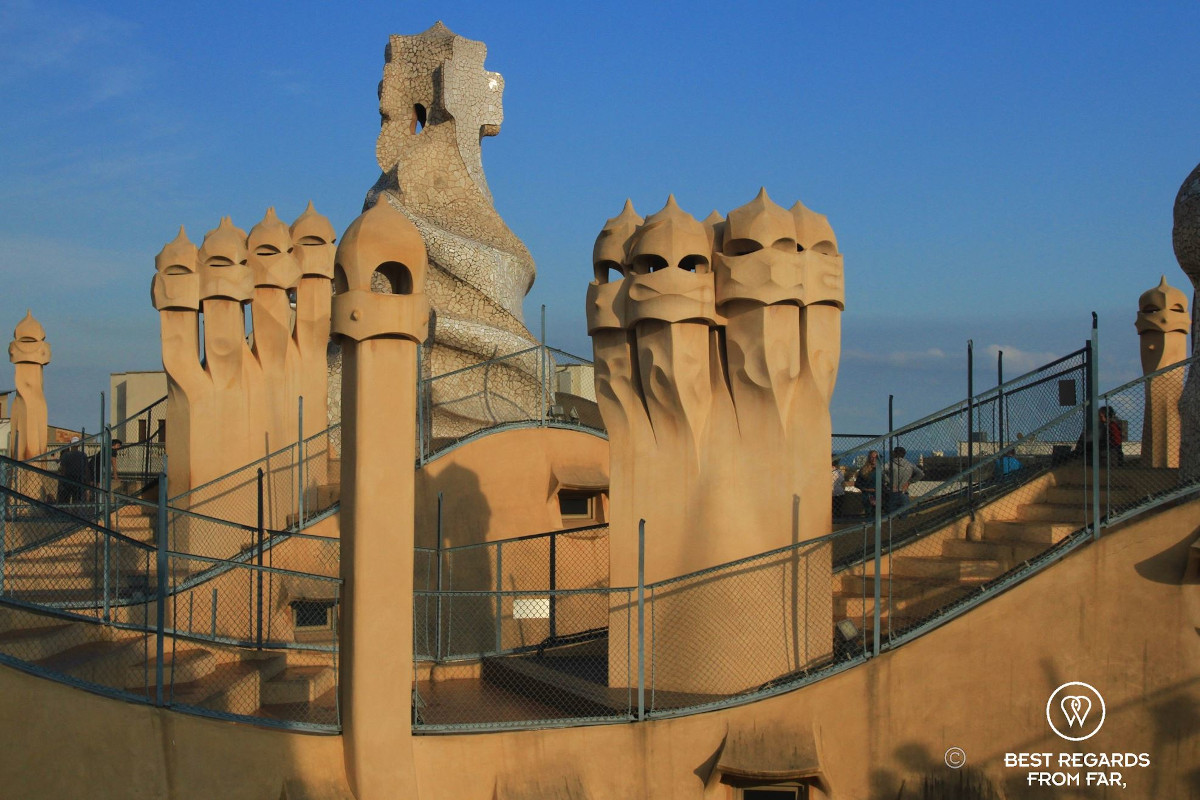 Storm-trooper chimneys on the rooftop of La Pedrera in Barcelona.