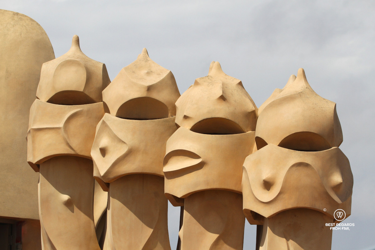 Storm-trooper chimneys on the rooftop of La Pedrera in Barcelona.