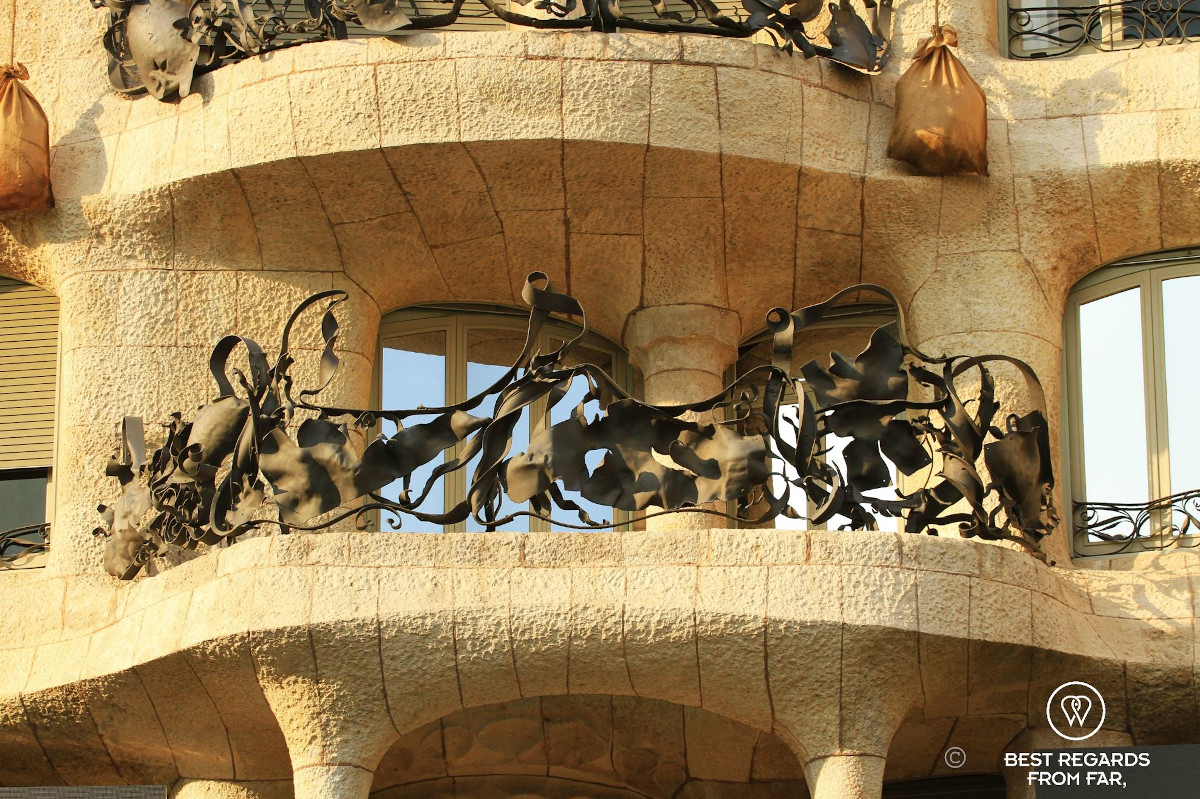 Balcony on the façade of La Pedrera building by Gaudi in Barcelona.