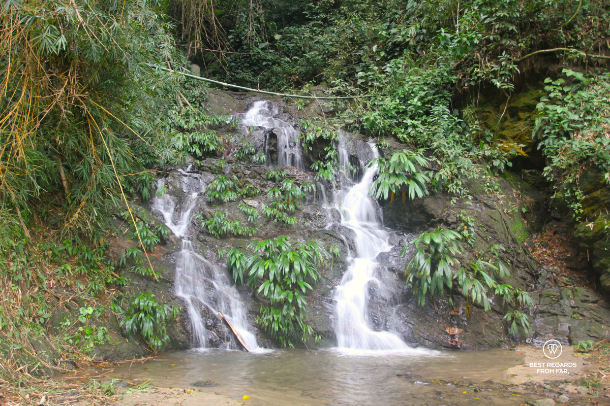 Waterfall along a forest path in Colombia.