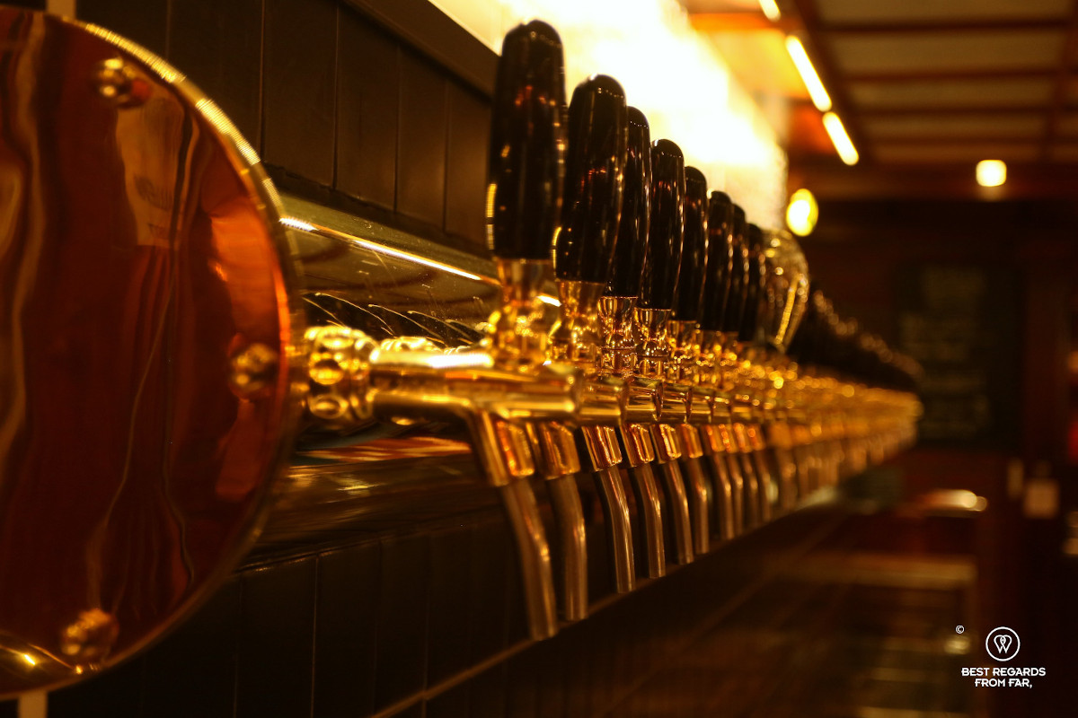 Beer taps at the Olhallen pub of the Mack brewery in Tromso, Norway.