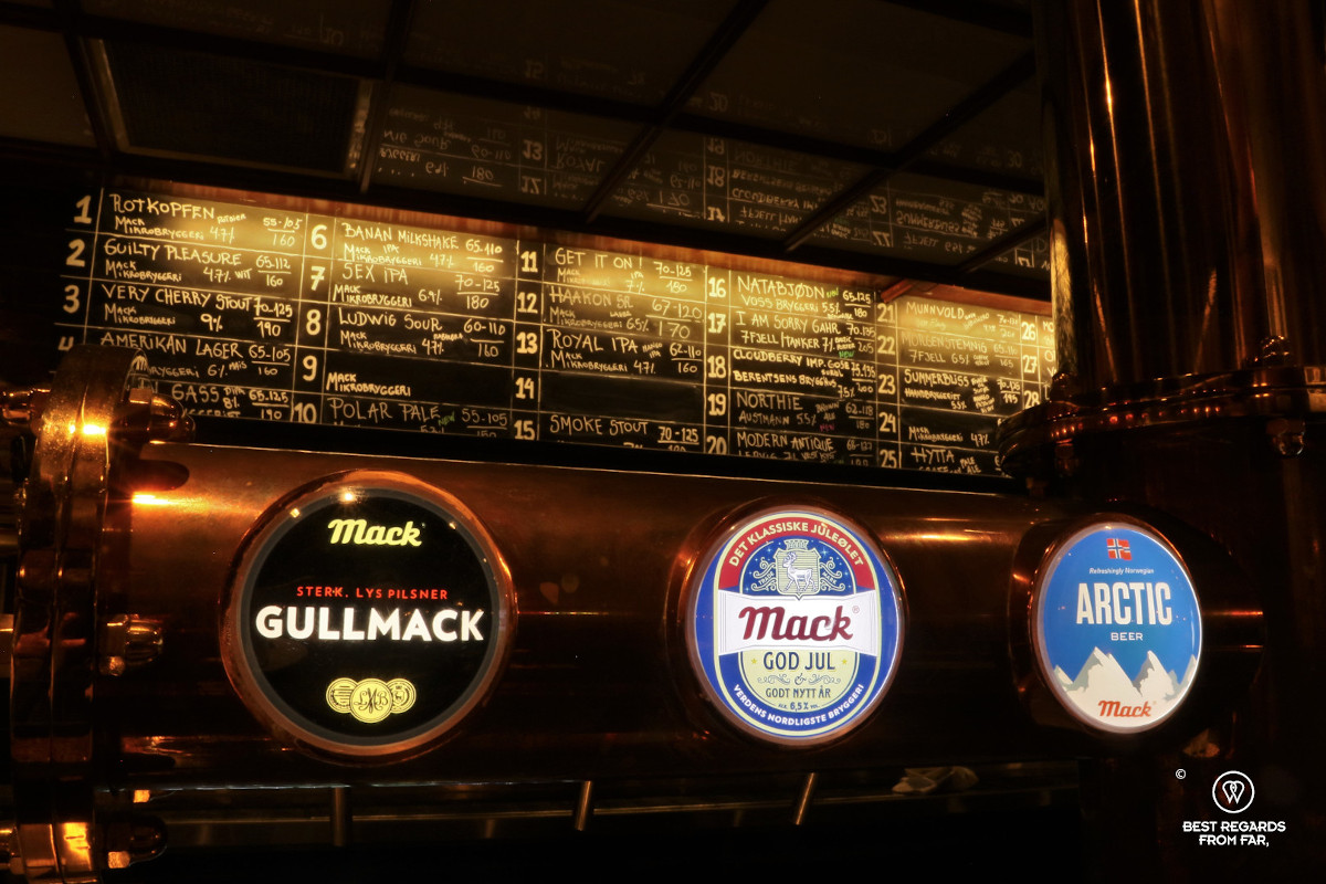 Beer taps at the Olhallen pub of the Mack brewery in Tromso, Norway.