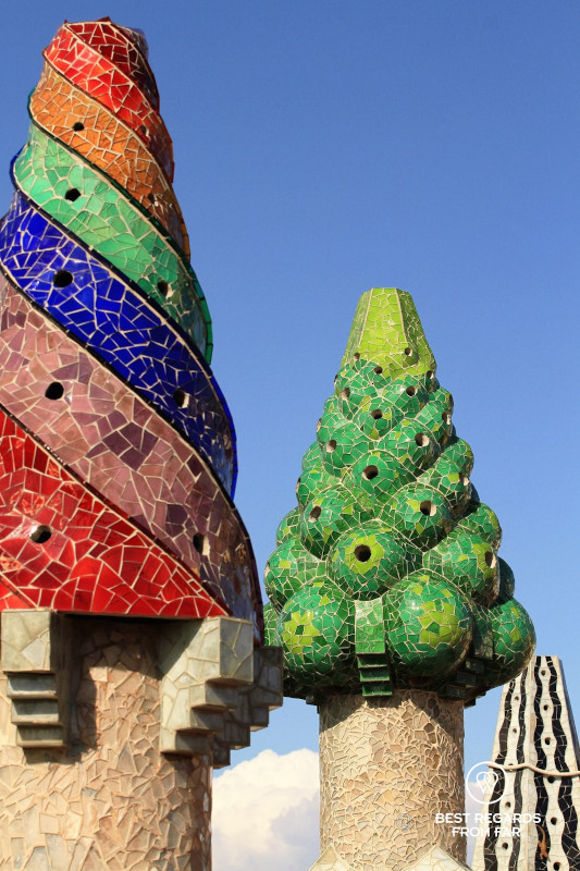 The colorful trencadis chimney of Palau Güell.