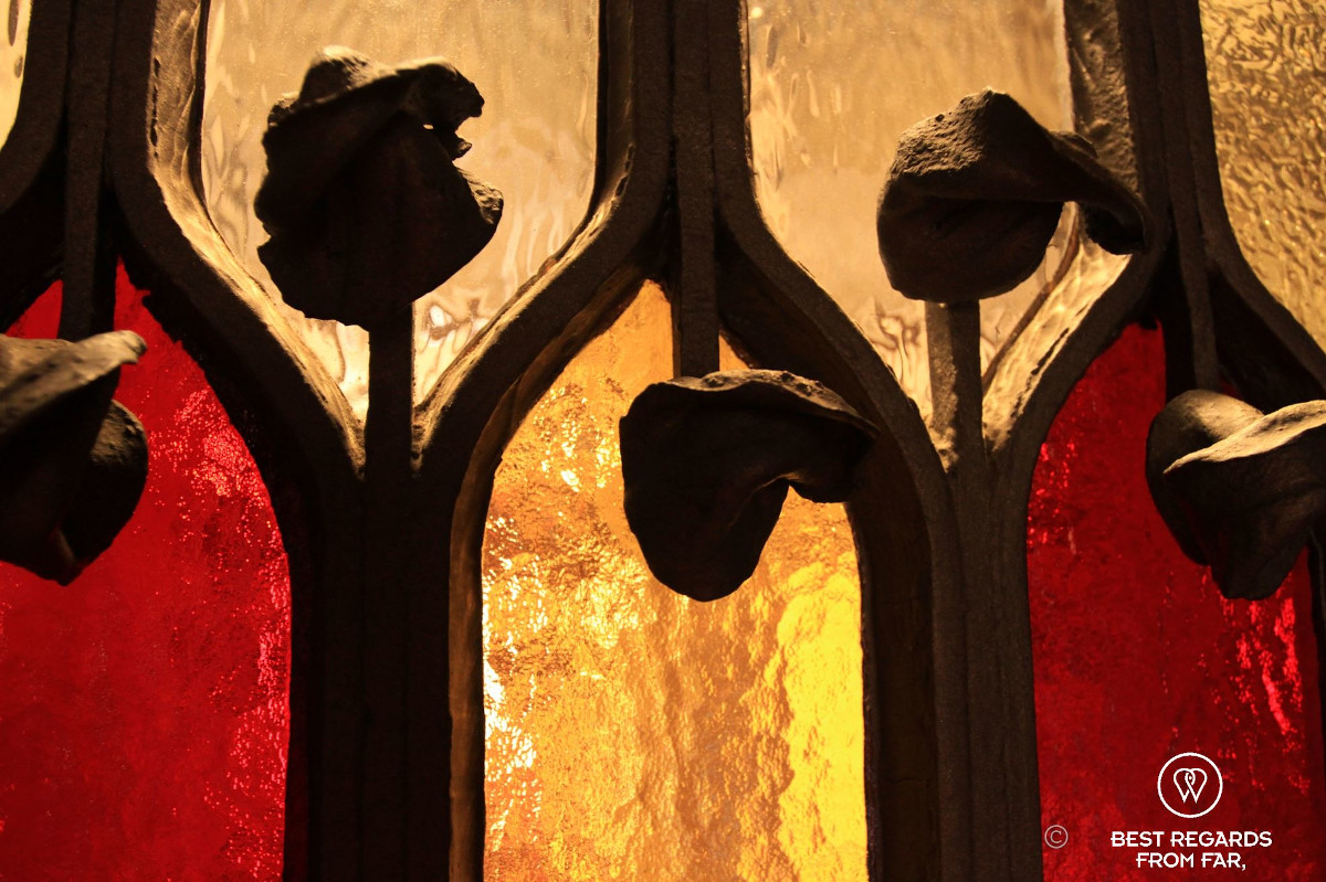 Detail of the flag of Catalonia in the Palau Güell.
